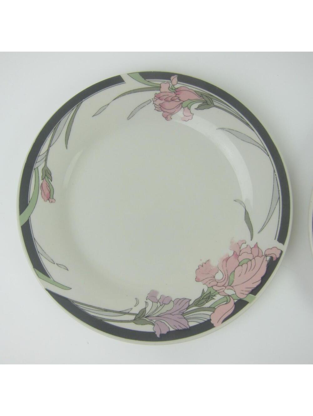 Vintage Gibson Stoneware Salad Plates 7.5" Grey Band Pink & Purple Flowers Lot 2